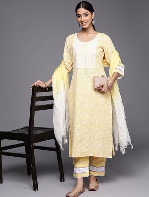 Yellow Floral Embroidered Thread Work Straight Kurta With Trousers & Dupatta 1