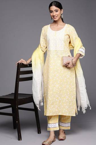 Yellow Floral Embroidered Thread Work Straight Kurta With Trousers & Dupatta