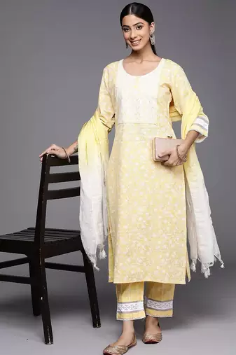 Yellow Floral Embroidered Thread Work Straight Kurta With Trousers & Dupatta