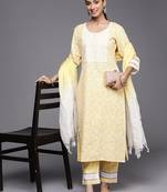 Yellow Floral Embroidered Thread Work Straight Kurta With Trousers & Dupatta