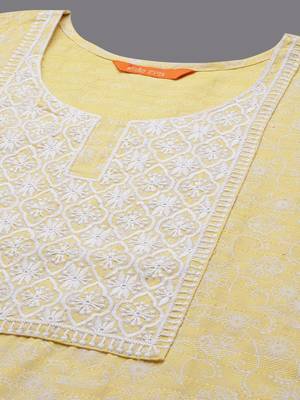 Yellow Floral Embroidered Thread Work Straight Kurta With Trousers & Dupatta 2