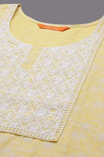 Yellow Floral Embroidered Thread Work Straight Kurta With Trousers & Dupatta