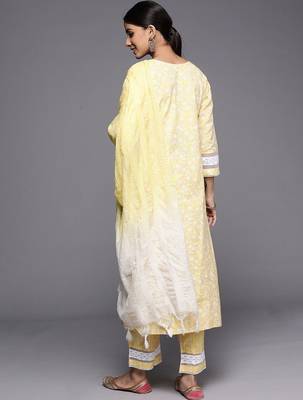 Yellow Floral Embroidered Thread Work Straight Kurta With Trousers & Dupatta 5