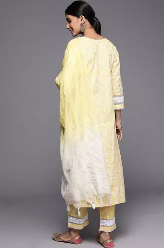 Yellow Floral Embroidered Thread Work Straight Kurta With Trousers & Dupatta