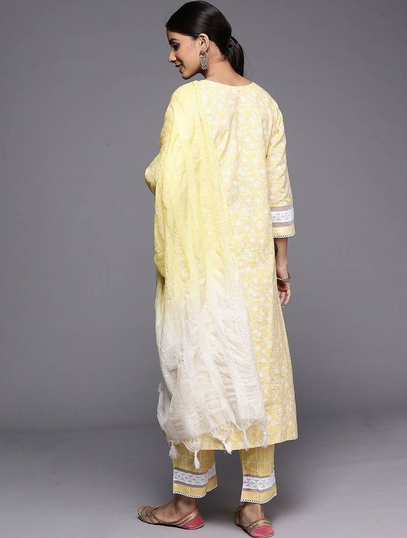 Yellow Floral Embroidered Thread Work Straight Kurta With Trousers & Dupatta