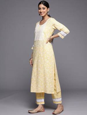 Yellow Floral Embroidered Thread Work Straight Kurta With Trousers & Dupatta 6