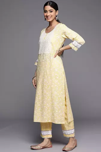 Yellow Floral Embroidered Thread Work Straight Kurta With Trousers & Dupatta