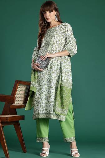 Women Floral Printed Pure Cotton Kurta with Trousers & With Dupatta