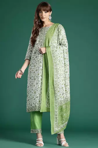 Women Floral Printed Pure Cotton Kurta with Trousers & With Dupatta