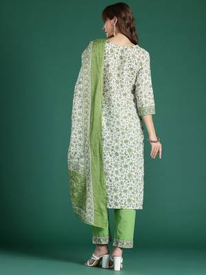 Women Floral Printed Pure Cotton Kurta with Trousers & With Dupatta 7
