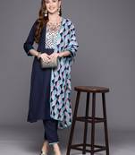 Geometric Yoke Design Keyhole Neck Straight Kurta With Trousers & Dupatta