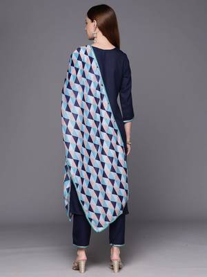 Geometric Yoke Design Keyhole Neck Straight Kurta With Trousers & Dupatta 6