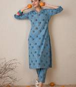 Floral Printed Pure Cotton V-Neck Straight Kurta With Trousers