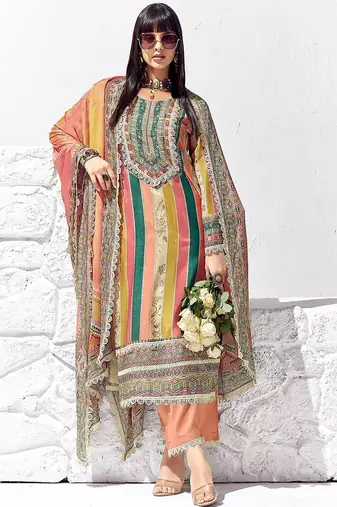 Peach Coloured Floral Printed Straight Kurta with Trousers & Dupatta