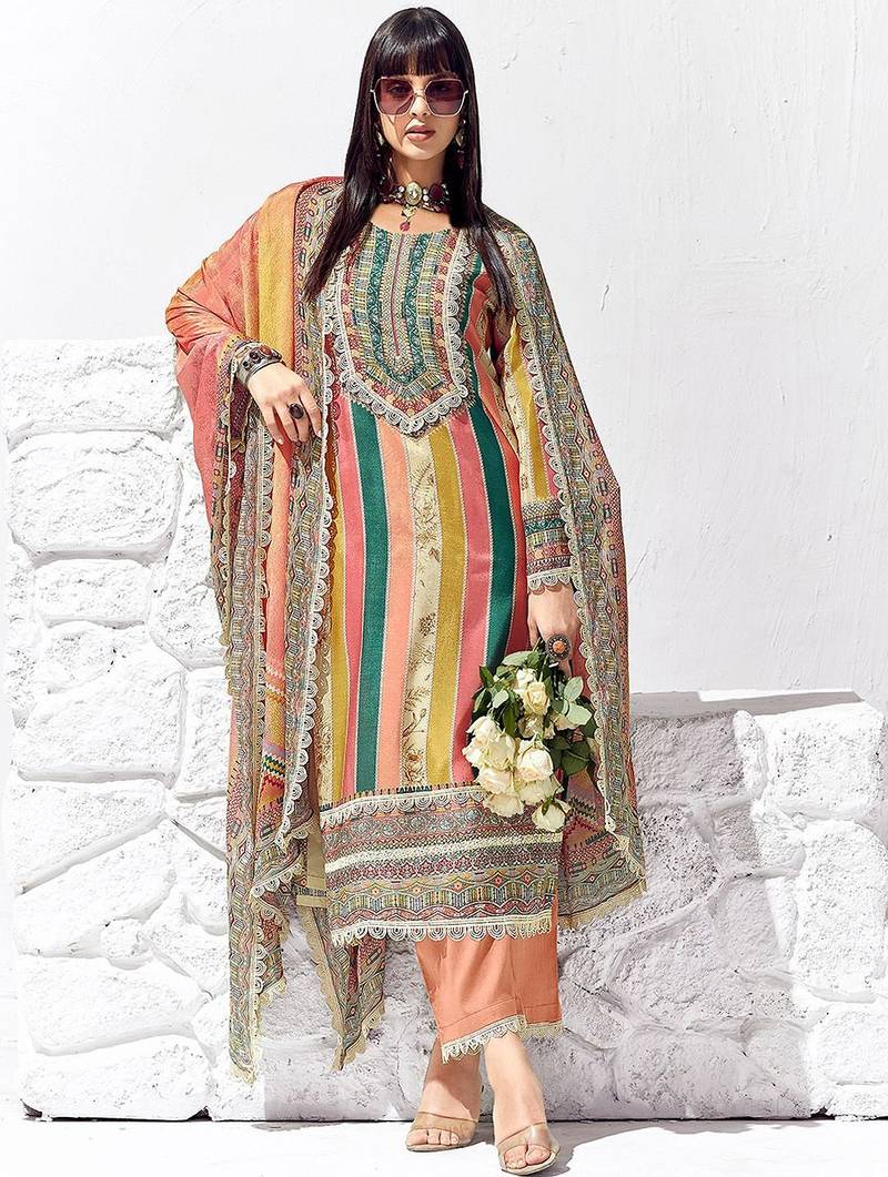 Peach Coloured Floral Printed Straight Kurta with Trousers & Dupatta