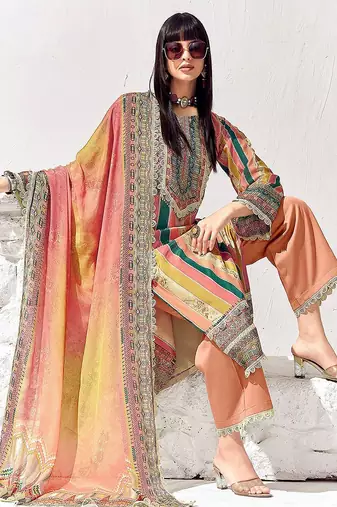 Peach Coloured Floral Printed Straight Kurta with Trousers & Dupatta