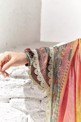 Peach Coloured Floral Printed Straight Kurta with Trousers & Dupatta