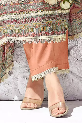 Peach Coloured Floral Printed Straight Kurta with Trousers & Dupatta