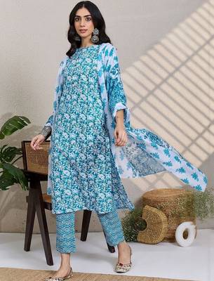 women floral printed regular  cotton kurta with trousers & dupatta 1