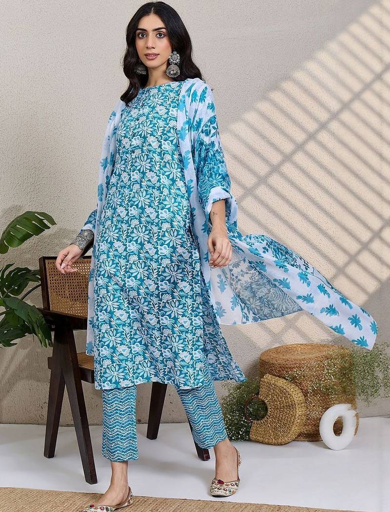 Women Floral Printed Regular Pure Cotton Kurta With Trousers & Dupatta
