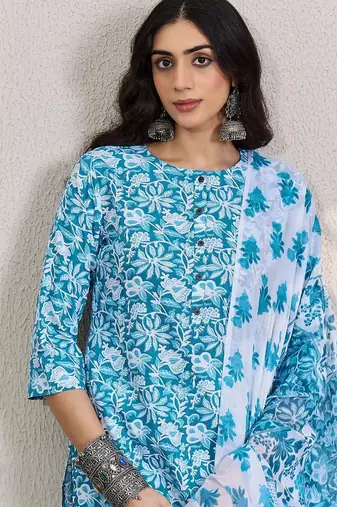 Women Floral Printed Regular Pure Cotton Kurta With Trousers & Dupatta
