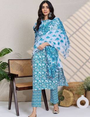 women floral printed regular  cotton kurta with trousers & dupatta 3