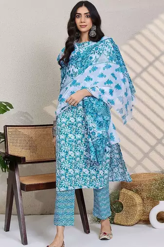 Women Floral Printed Regular Pure Cotton Kurta With Trousers & Dupatta