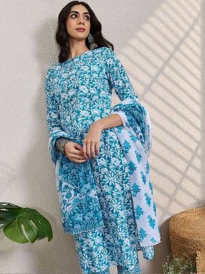 women floral printed regular  cotton kurta with trousers & dupatta 5