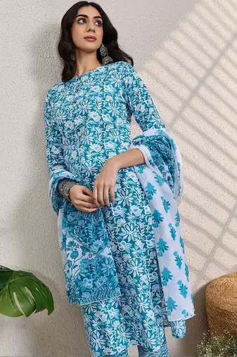 Women Floral Printed Regular Pure Cotton Kurta With Trousers & Dupatta