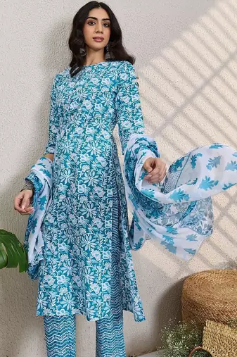 Women Floral Printed Regular Pure Cotton Kurta With Trousers & Dupatta