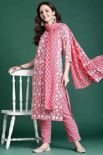 Floral Printed Regular Pure Cotton Kurta with Trousers & Dupatta