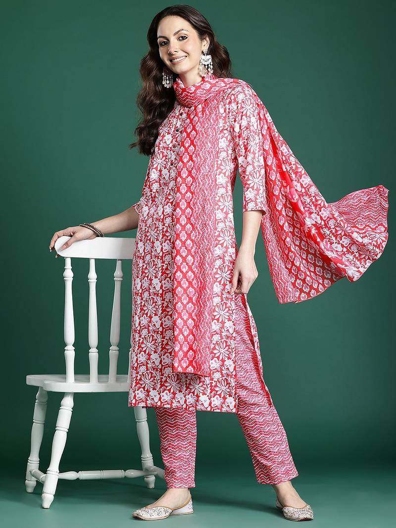 Floral Printed Regular Pure Cotton Kurta with Trousers & Dupatta