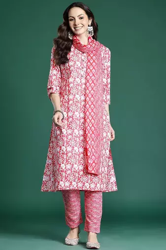Floral Printed Regular Pure Cotton Kurta with Trousers & Dupatta