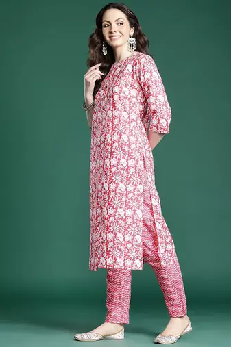 Floral Printed Regular Pure Cotton Kurta with Trousers & Dupatta