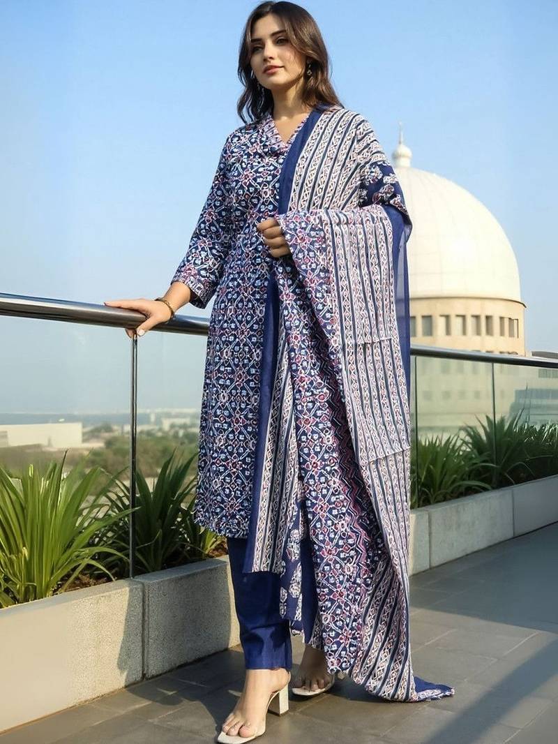 Women Printed Regular Cotton Kurta with Trousers & With Dupatta