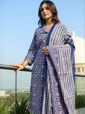 Women Printed Regular Cotton Kurta with Trousers & With Dupatta 5