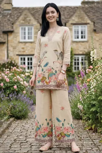 Women Floral Printed Regular Sequinned Linen Kurta with Palazzos