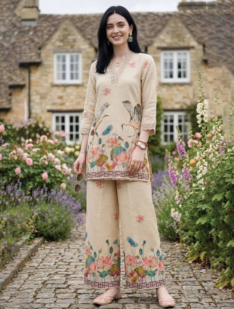 Women Floral Printed Regular Sequinned Linen Kurta with Palazzos