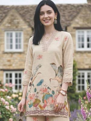 Women Floral Printed Regular Sequinned Linen Kurta with Palazzos 3