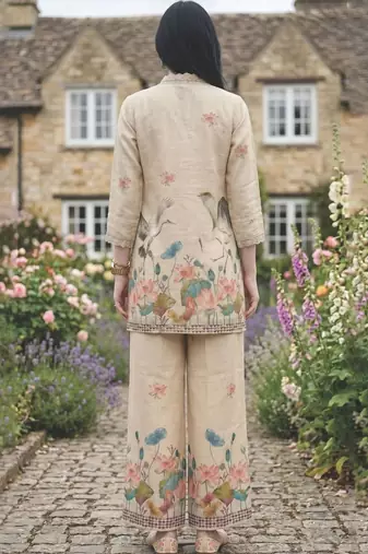 Women Floral Printed Regular Sequinned Linen Kurta with Palazzos