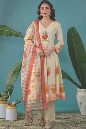 Women Floral Printed Regular Pure Cotton Kurta with Trousers & With Dupatta