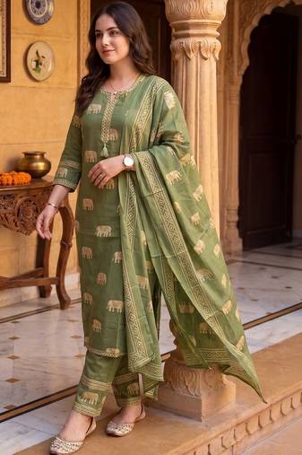 Women Ethnic Motifs Printed Regular Pure Cotton Kurta with Trousers & With Dupatta