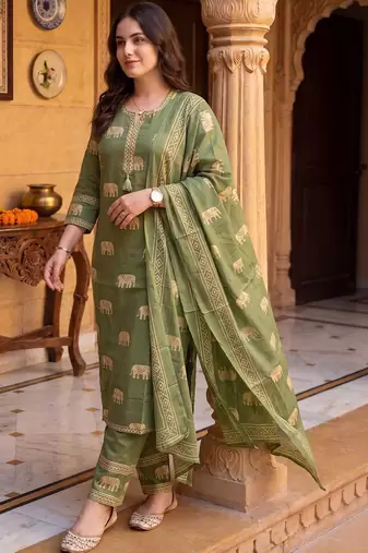 Women Ethnic Motifs Printed Regular Pure Cotton Kurta with Trousers & With Dupatta
