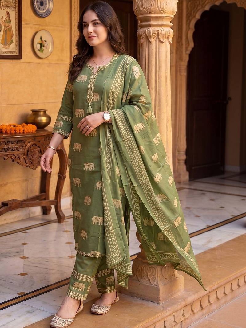 Women Ethnic Motifs Printed Regular Pure Cotton Kurta with Trousers & With Dupatta