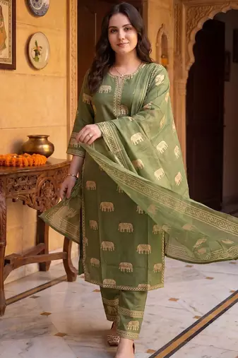 Women Ethnic Motifs Printed Regular Pure Cotton Kurta with Trousers & With Dupatta
