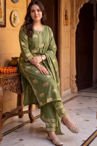 Women Ethnic Motifs Printed Regular Pure Cotton Kurta with Trousers & With Dupatta