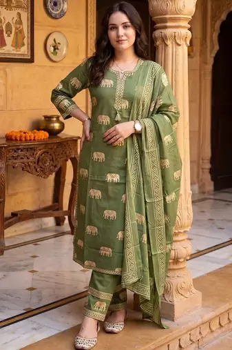 Women Ethnic Motifs Printed Regular Pure Cotton Kurta with Trousers & With Dupatta