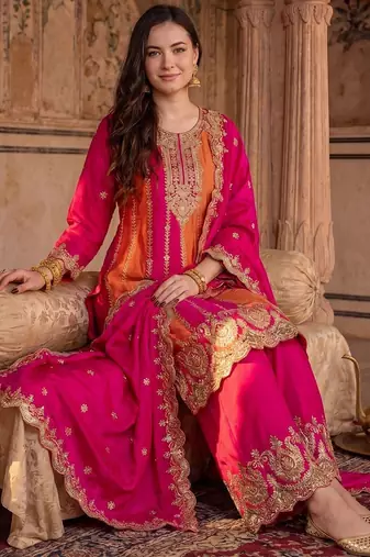 Women Ethnic Motifs Embroidered Panelled Thread Work Kurta with Palazzos & With Dupatta
