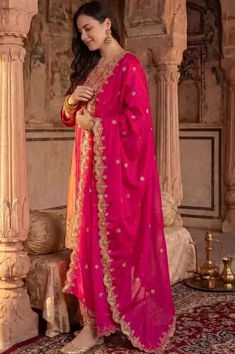 Women Ethnic Motifs Embroidered Panelled Thread Work Kurta with Palazzos & With Dupatta
