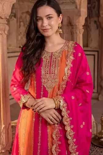 Women Ethnic Motifs Embroidered Panelled Thread Work Kurta with Palazzos & With Dupatta